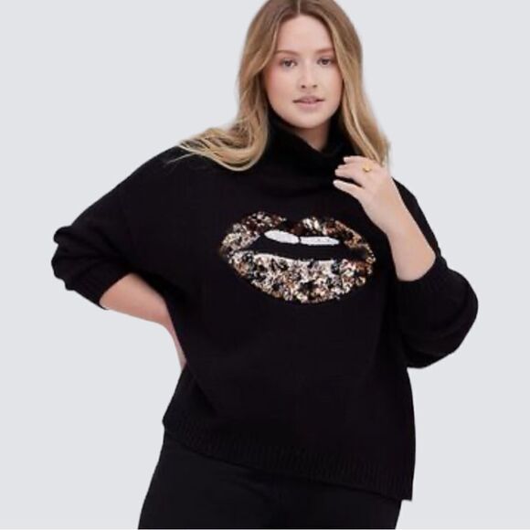 Torrid Drop Shoulder Turtle Neck Sweater Leopard Lips Black, Size 3/4 - Picture 1 of 12